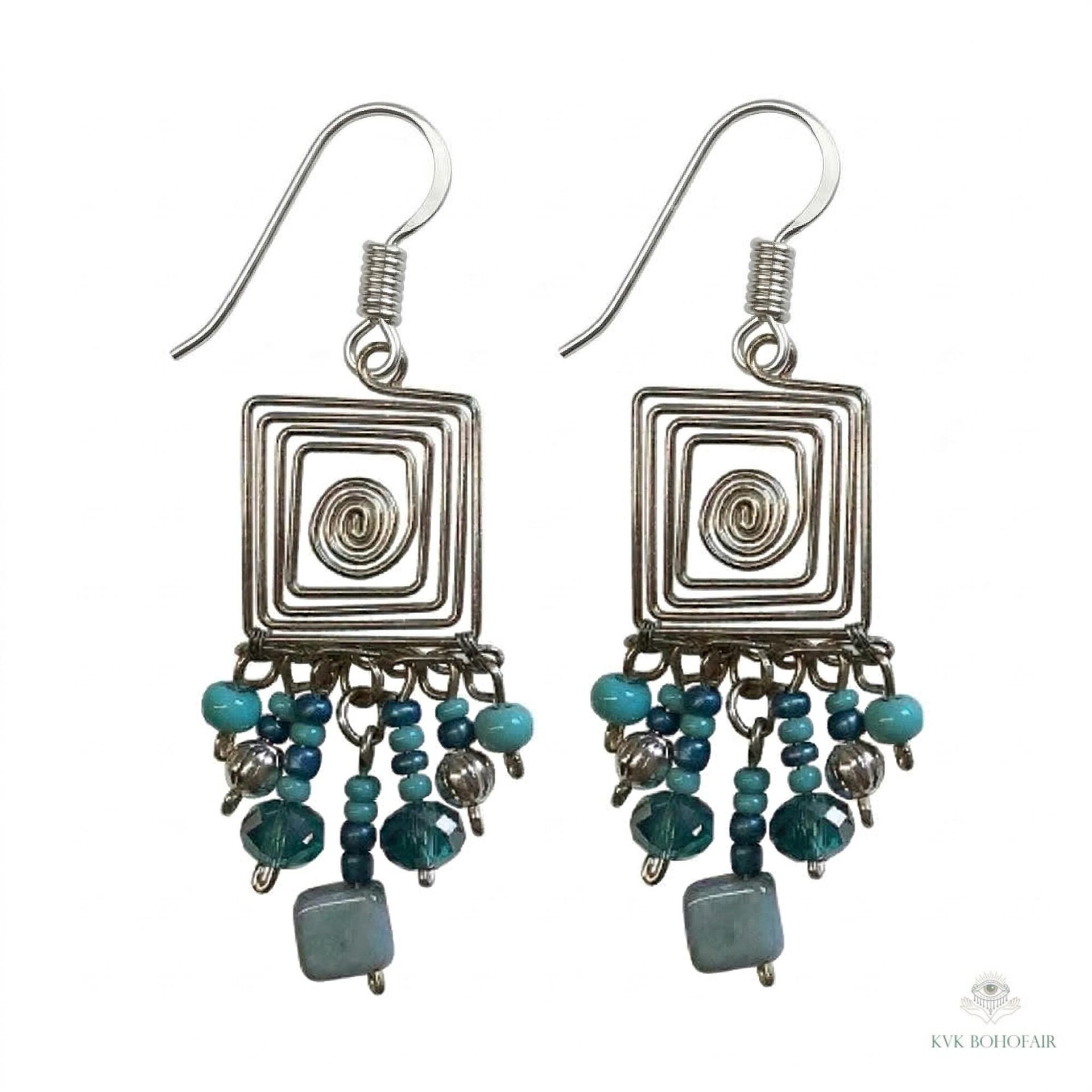 Handcrafted Square Wire and Bead Dangle Earrings - Chic Bohemian Jewelry