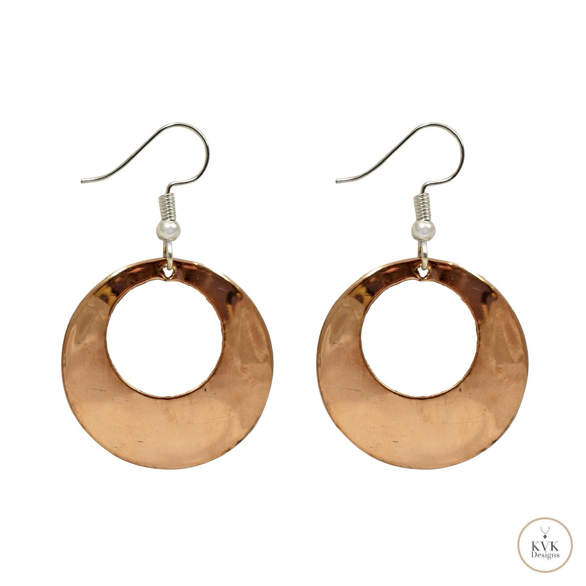 Round Copper Hoop Earrings - Boho Earrings, Handcrafted Hammered Dangles