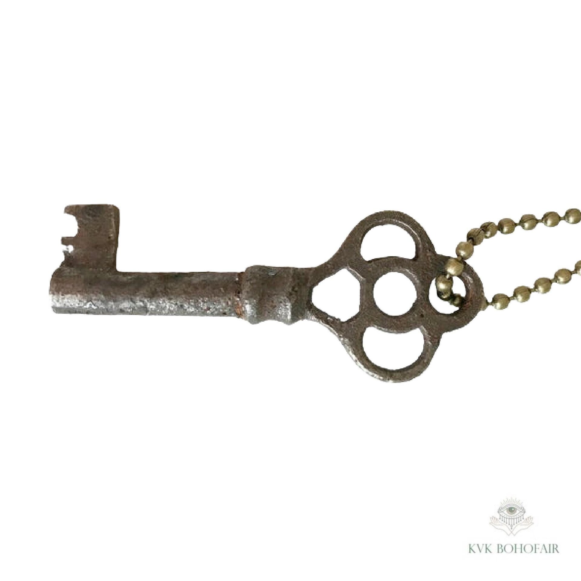Antique Skeleton Key Necklace JULIET, Fancy Bow Iron Pendant, Brass Ball Chain Gothic Jewelry