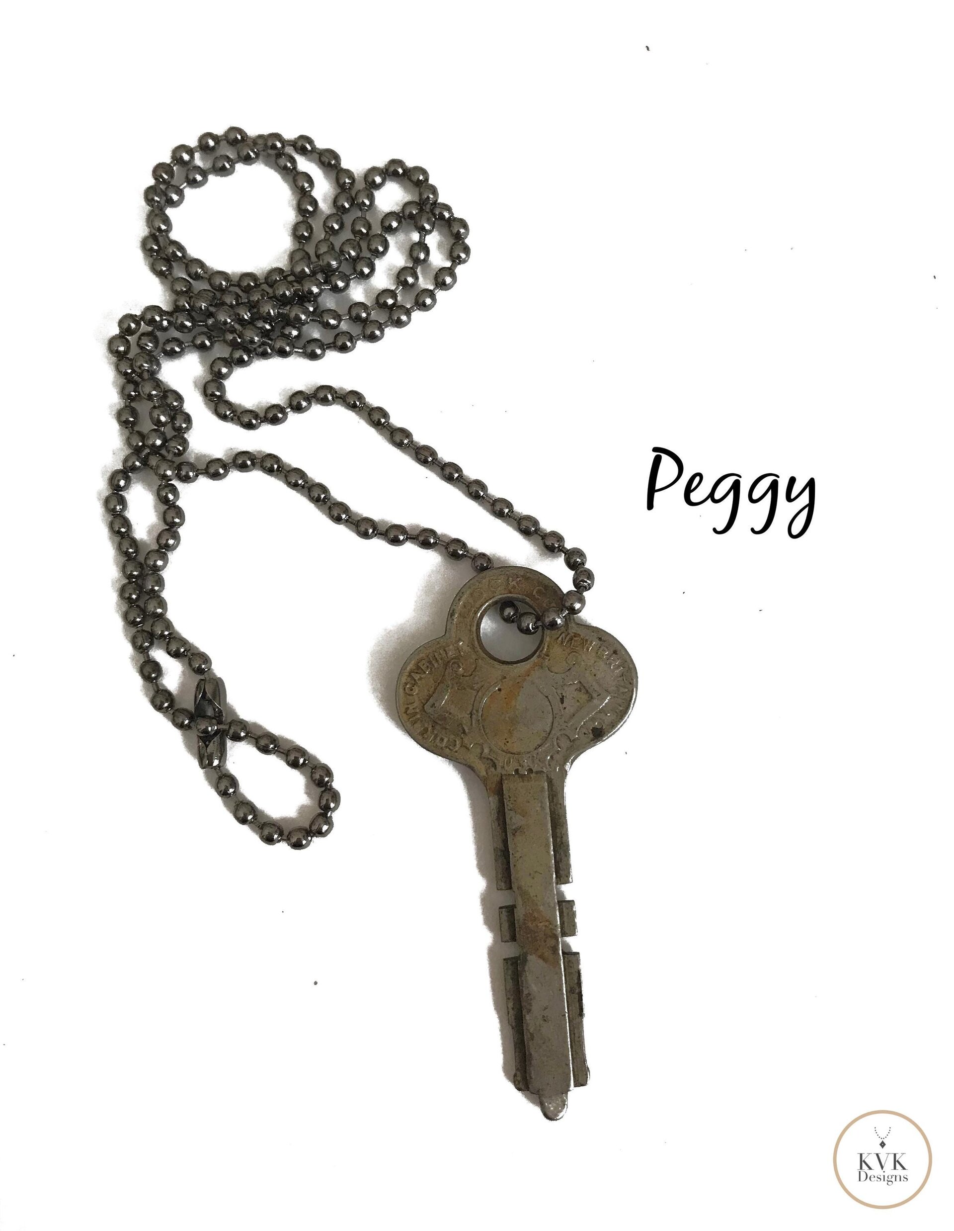 Antique Brass Key Necklace, 1920s Repurposed Pendant, Gunmetal Ball Jewelry