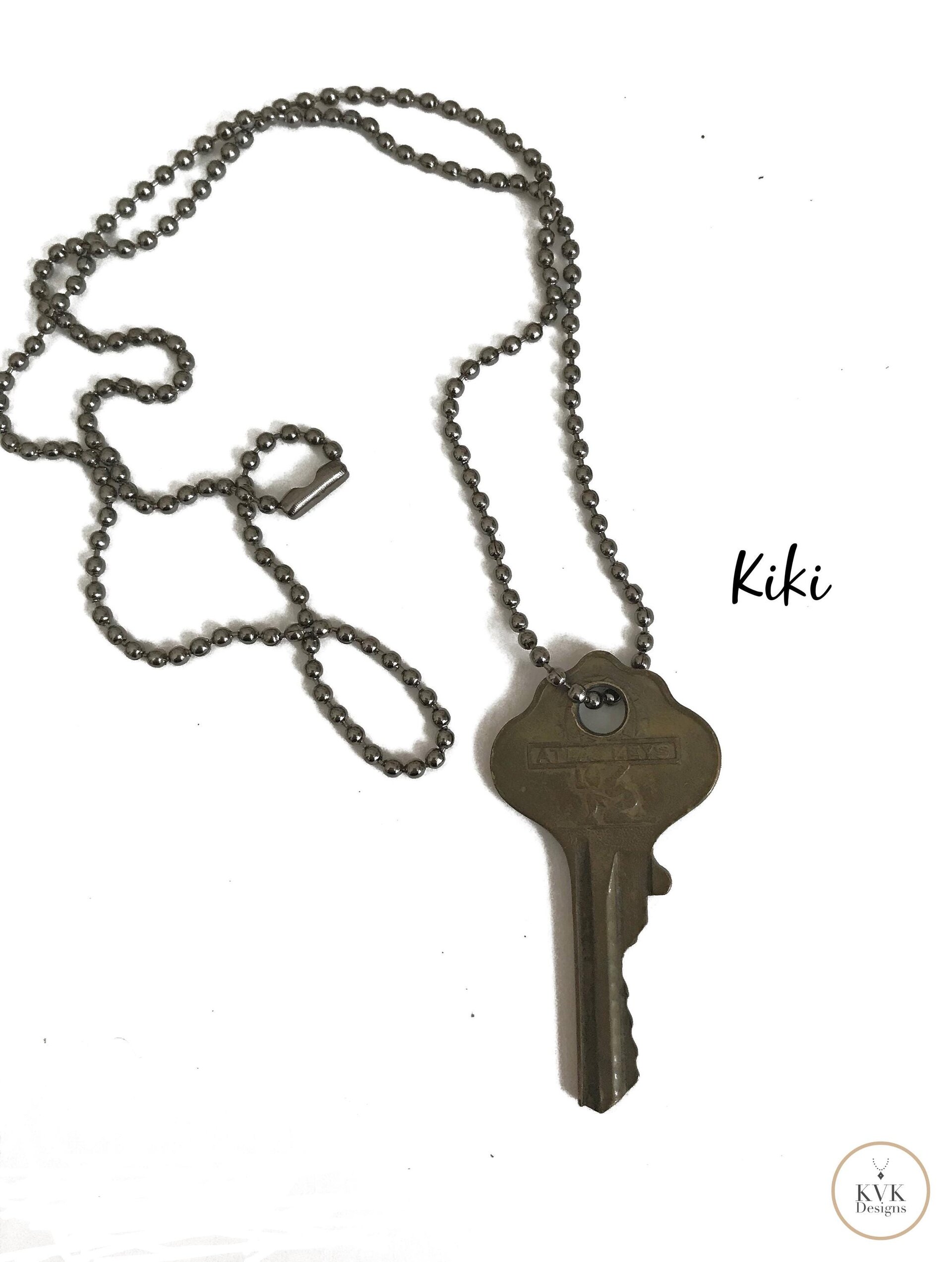Antique Brass Key Necklace, 1920s Repurposed Pendant, Gunmetal Ball Jewelry
