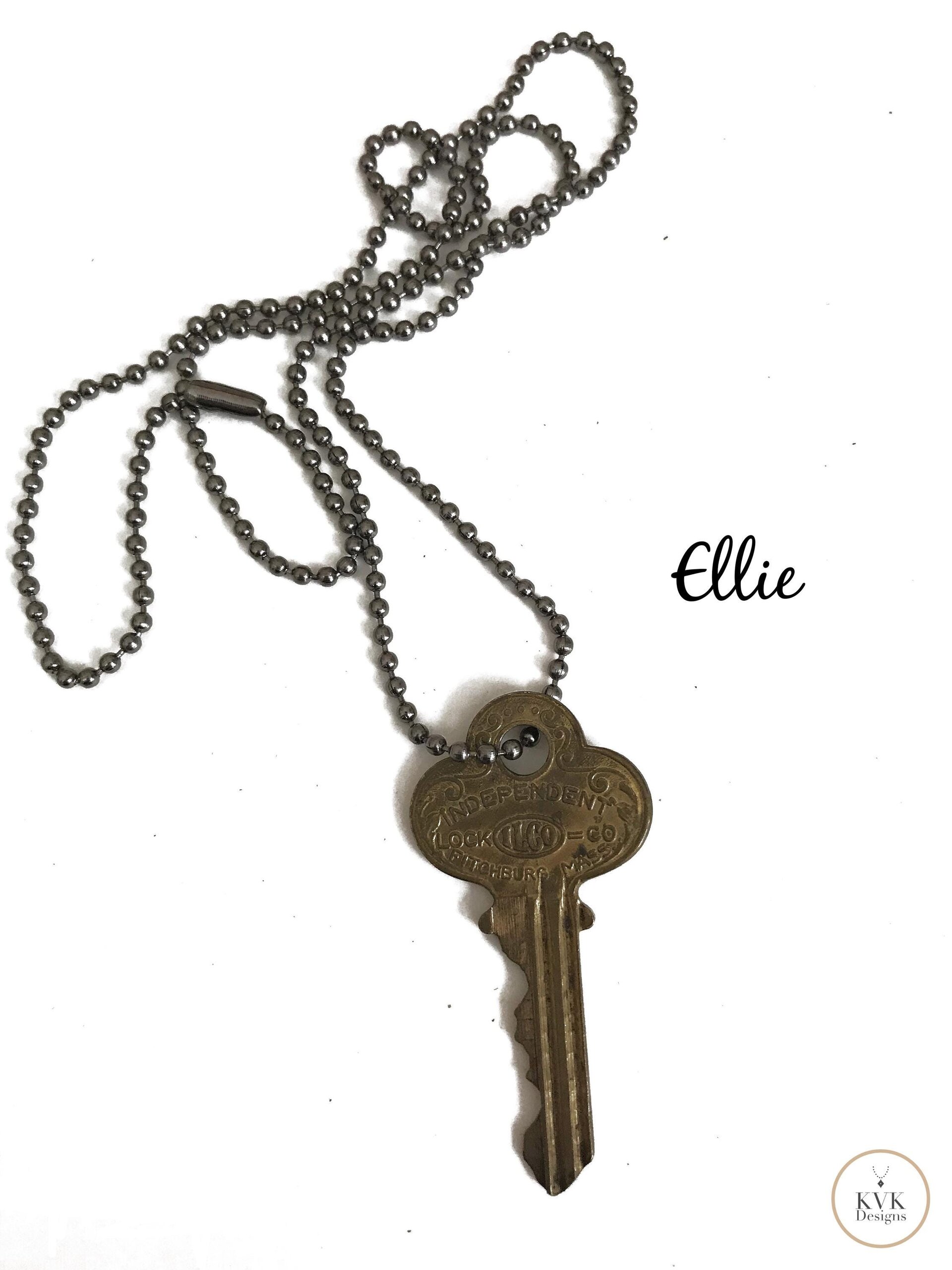 Antique Brass Key Necklace, 1920s Repurposed Pendant, Gunmetal Ball Jewelry