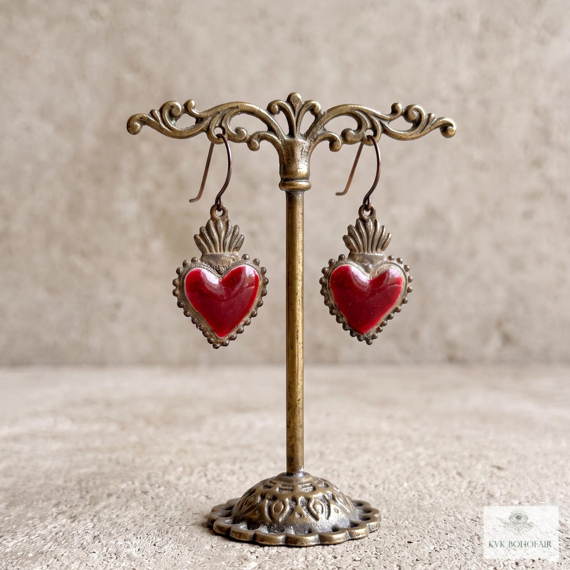 Gothic Ruby Red Sacred Heart Brass Double Sided Boho Earrings, Gift for Her