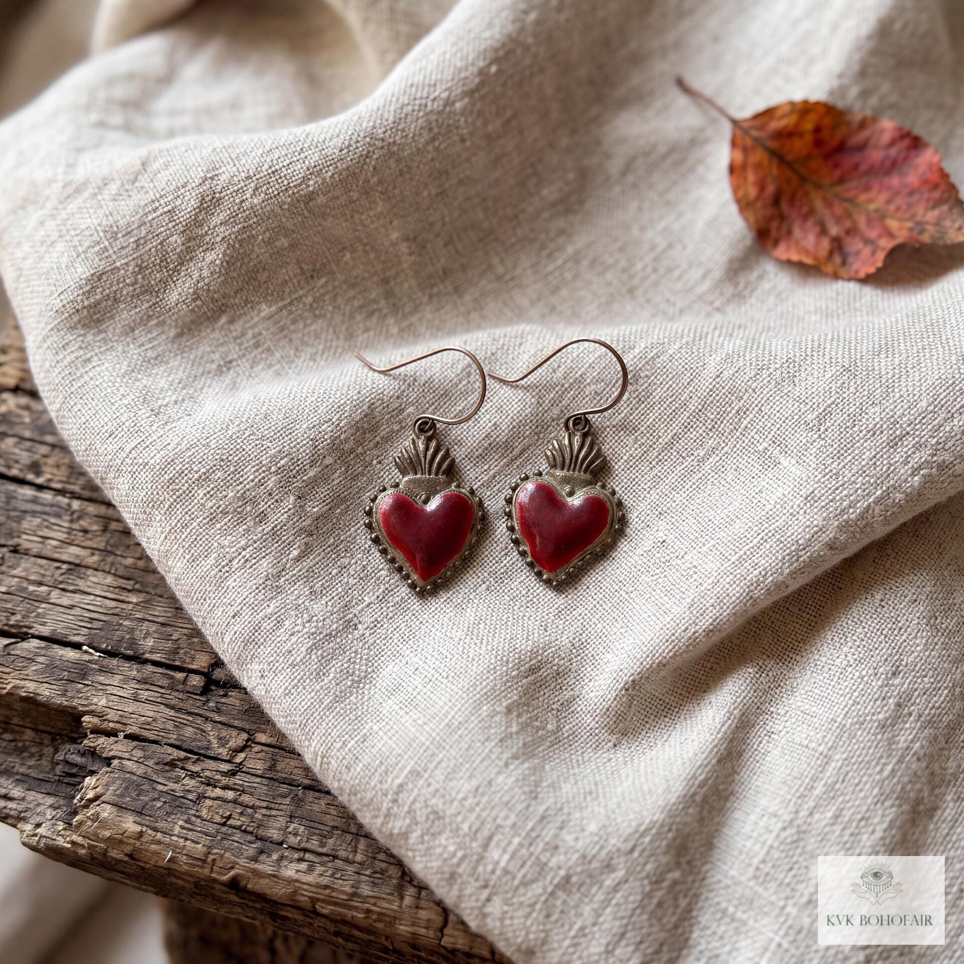 Gothic Ruby Red Sacred Heart Brass Double Sided Boho Earrings, Gift for Her
