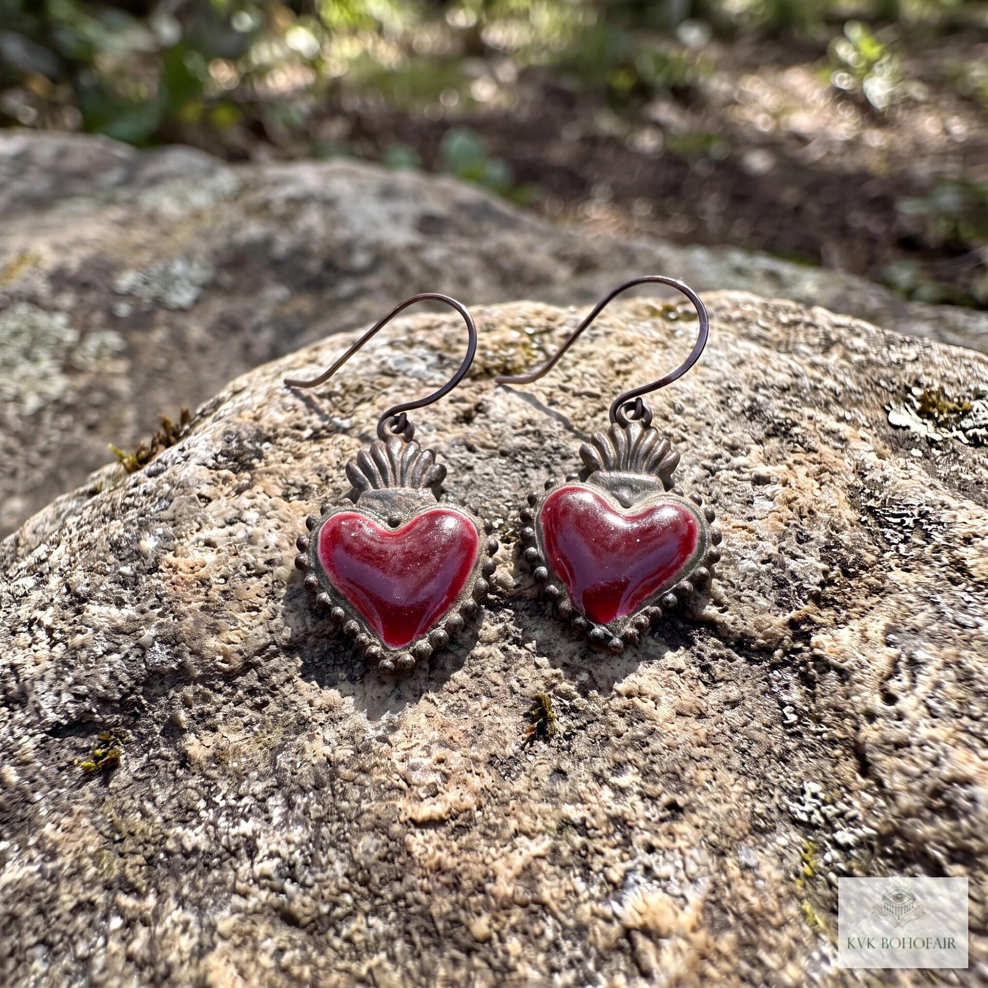 Gothic Ruby Red Sacred Heart Brass Double Sided Boho Earrings, Gift for Her