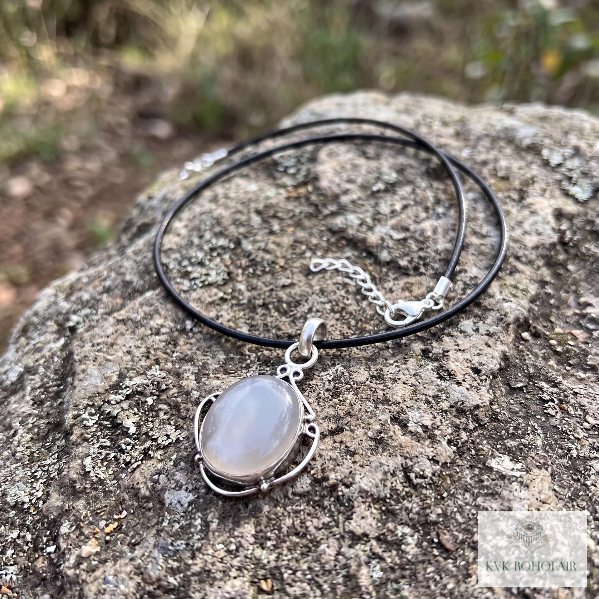 Gray Chalcedony Agate Pendant, Leather Cord Choker, Women's Gemstone Necklace