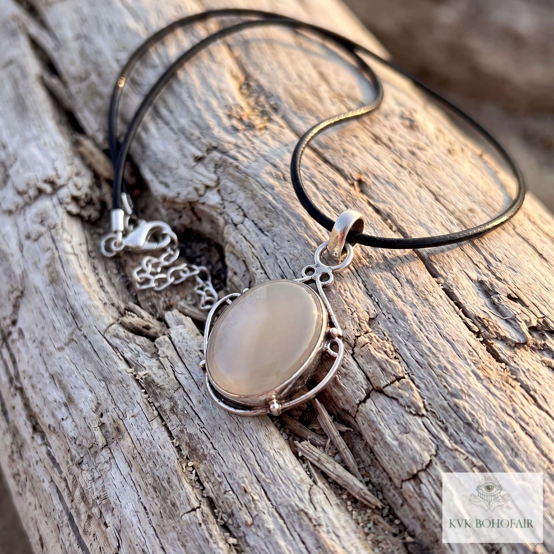 Gray Chalcedony Agate Pendant, Leather Cord Choker, Women's Gemstone Necklace