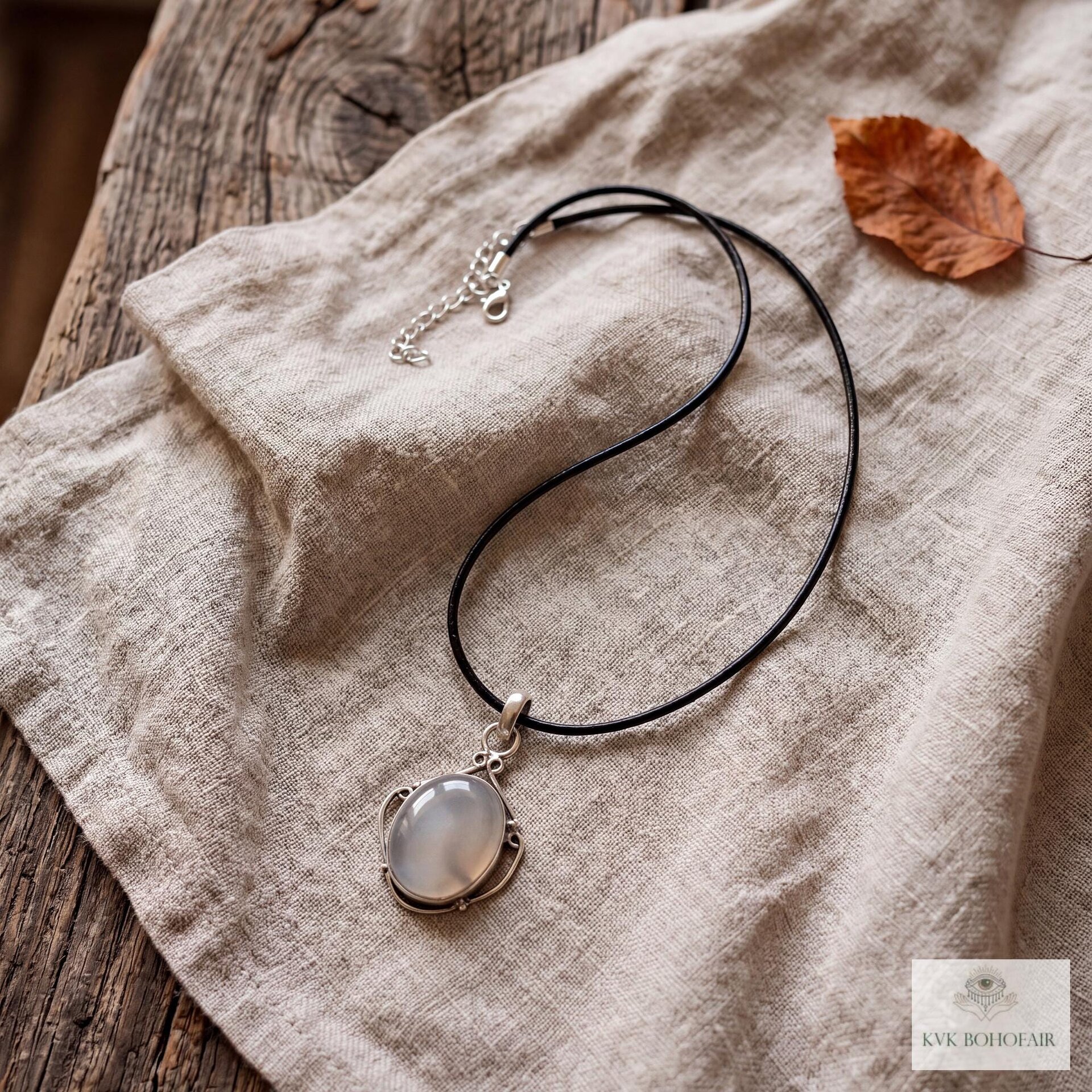Gray Chalcedony Agate Pendant, Leather Cord Choker, Women's Gemstone Necklace