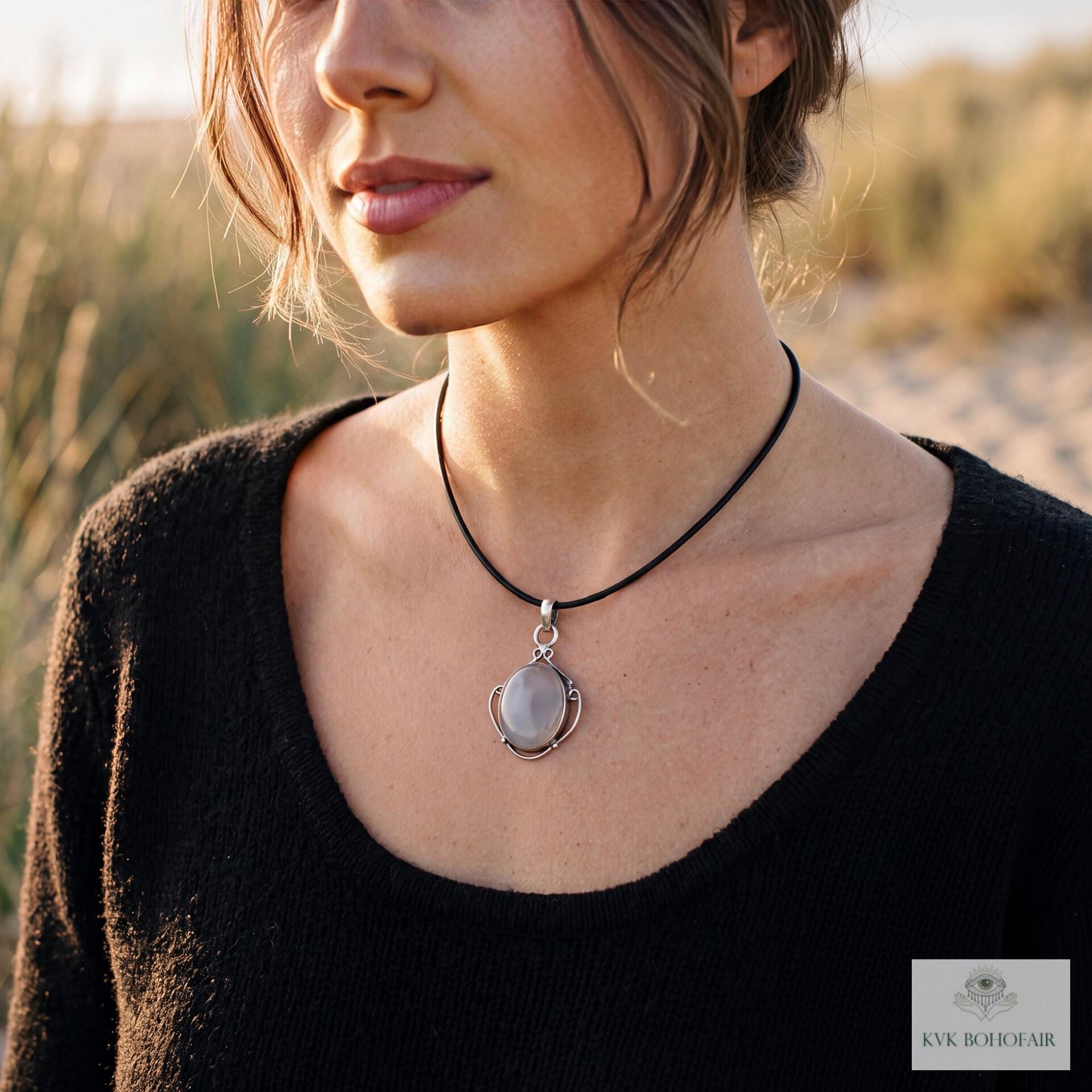 Gray Chalcedony Agate Pendant, Leather Cord Choker, Women's Gemstone Necklace