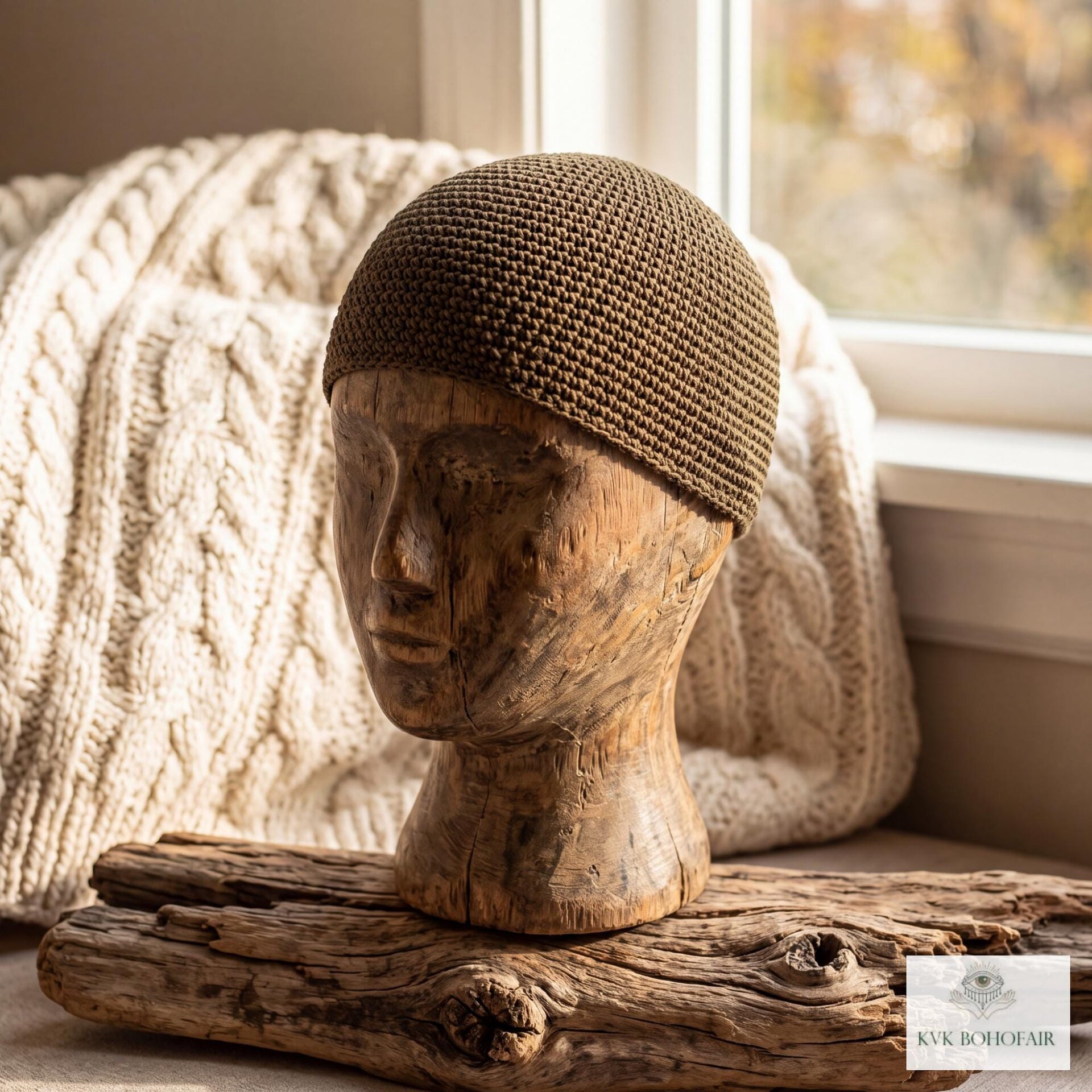 Mocha Brown Kufi Skull Cap, Crocheted Beanie Hat, Ethically sourced