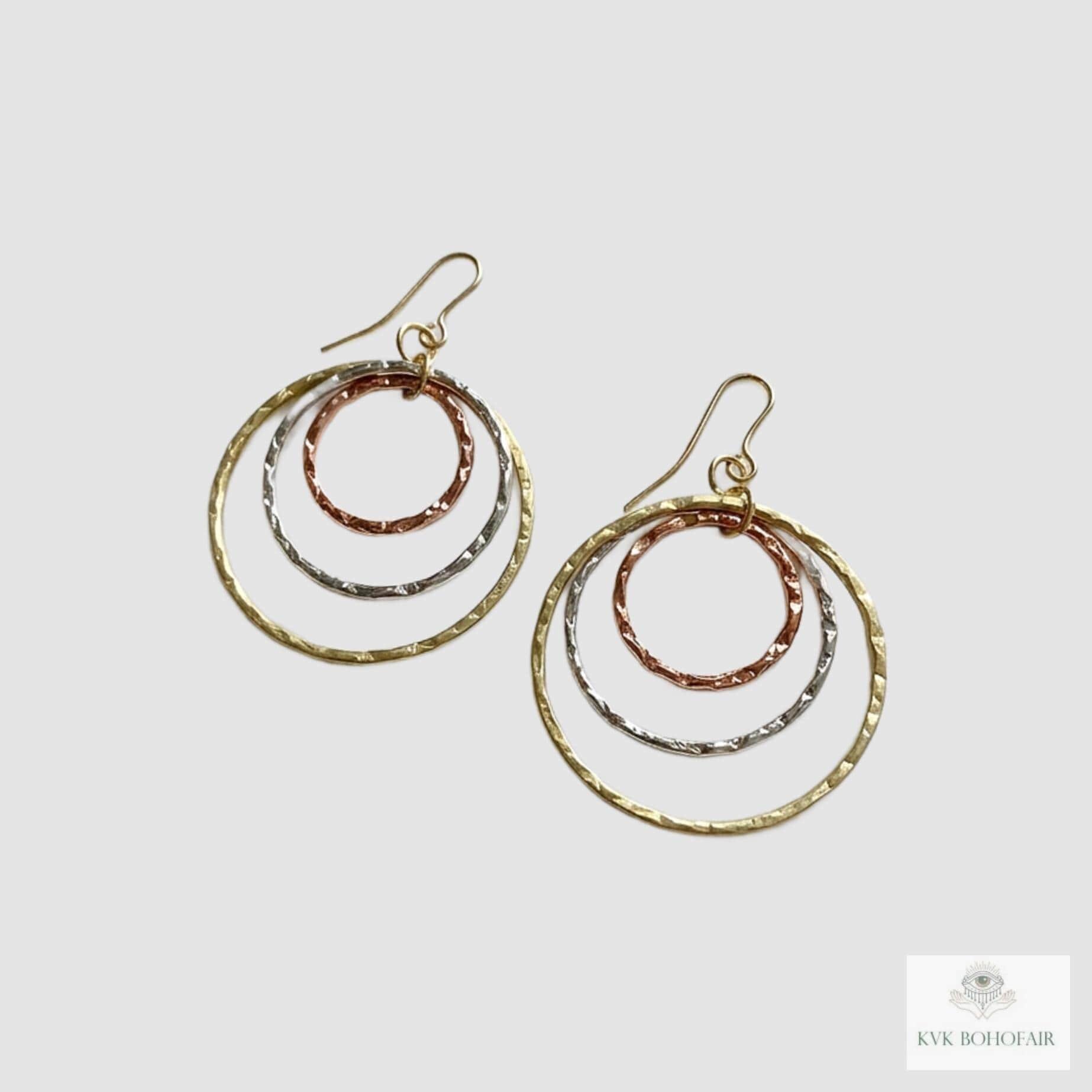 Mixed Metal Dangle Earrings - Hammered Tri Color Nested Hoops, Three Tone Circle Drops