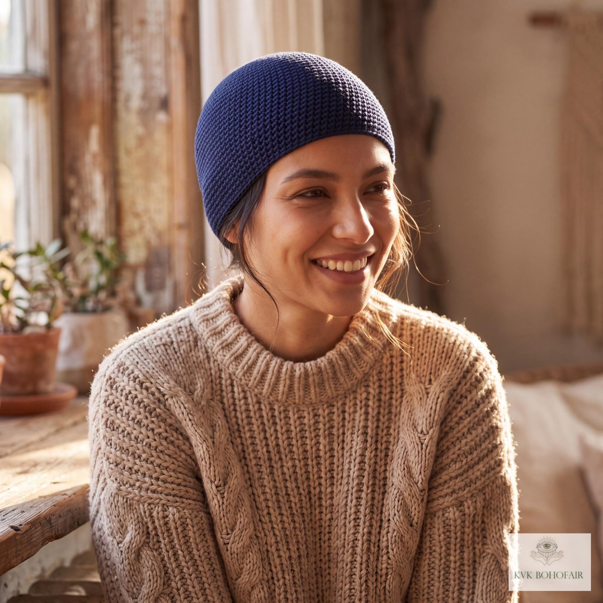 Navy Kufi Skull Cap - Crocheted Beanie Hat, Ethically sourced