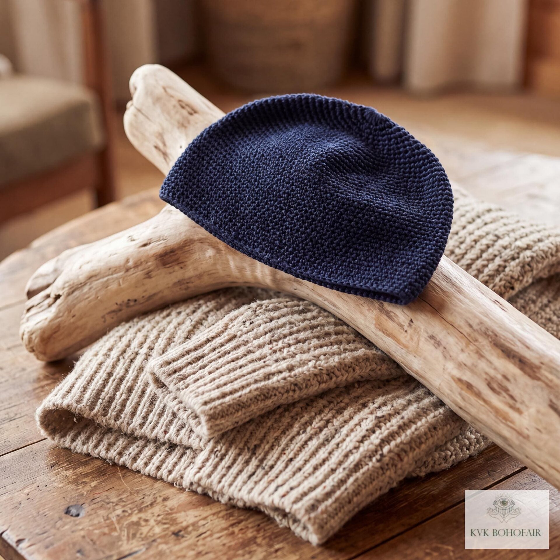 Navy Kufi Skull Cap - Crocheted Beanie Hat, Ethically sourced