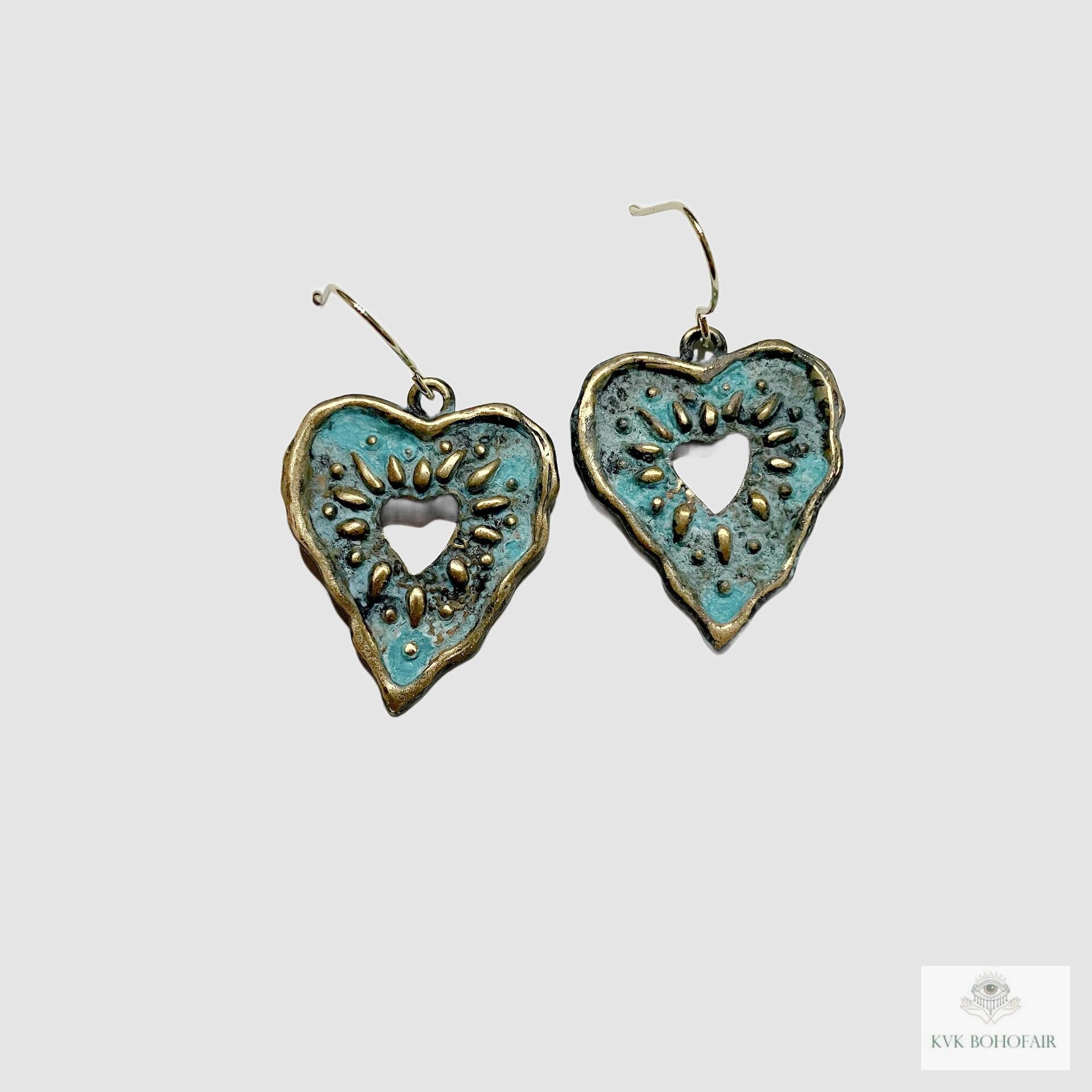 Rustic Patina Brass Heart Sunburst Earrings: Boho Jewelry