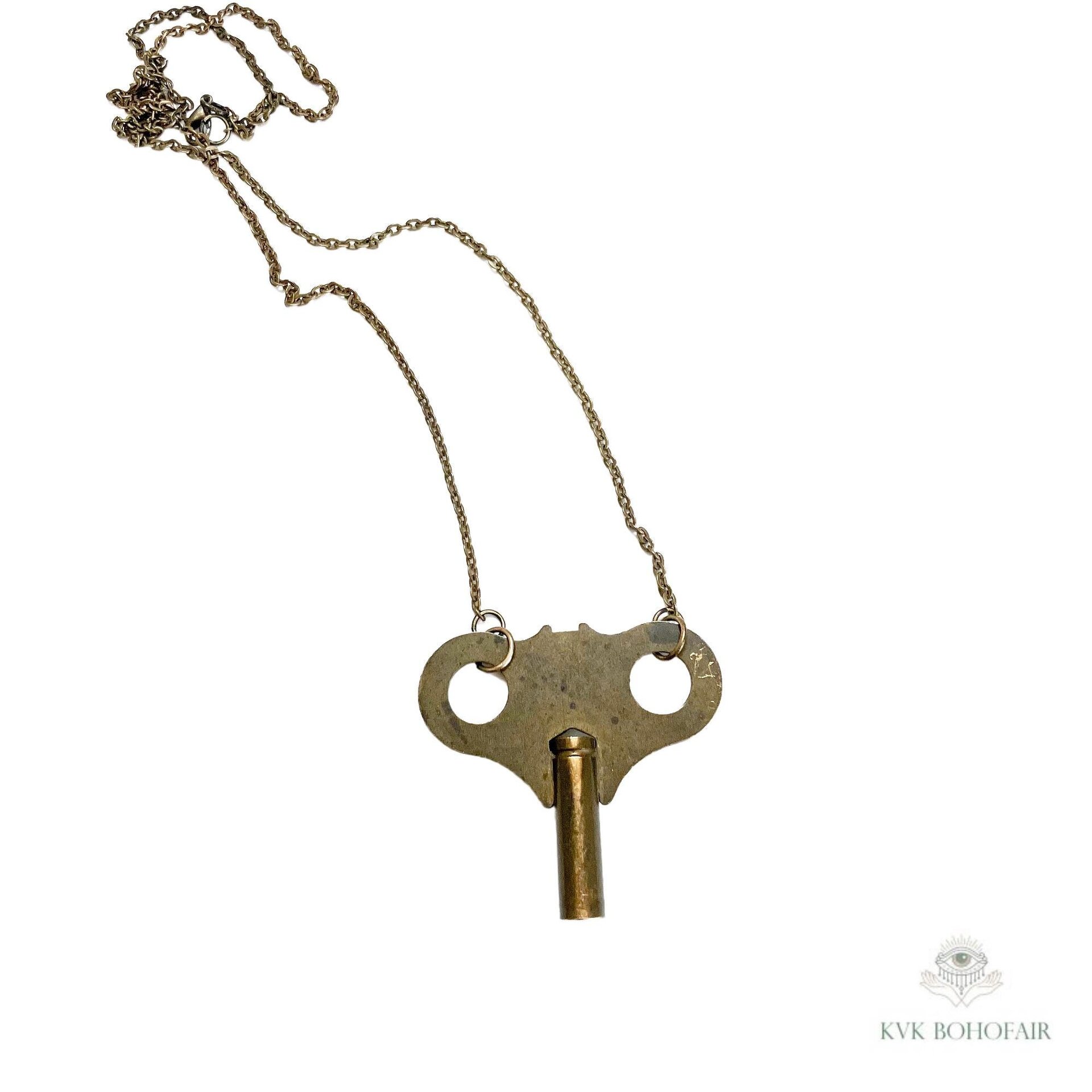 Vintage Clock Key Necklace PENELOPE, Repurposed Brass Winding Pendant, Steampunk