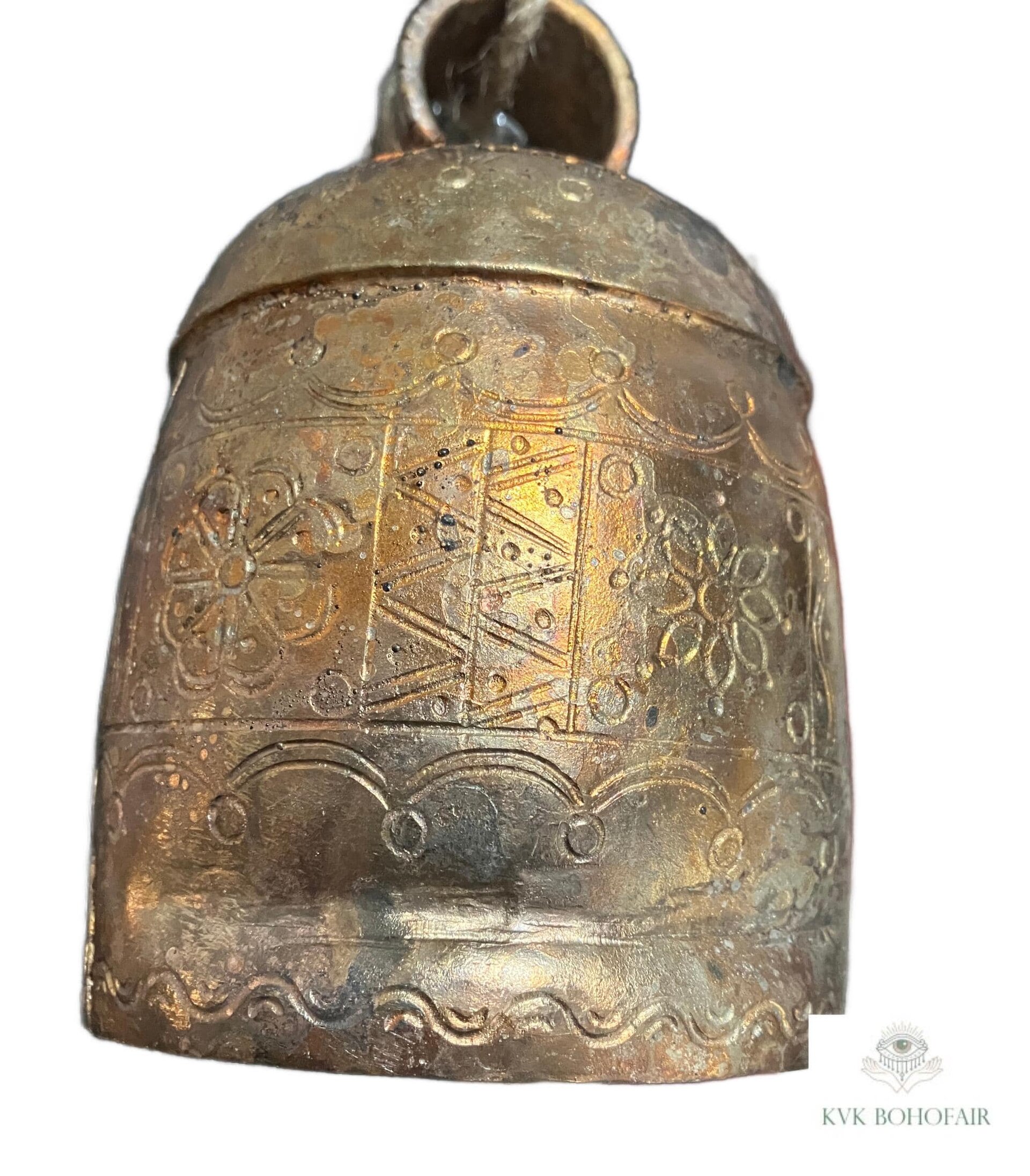 Handmade Etched Copper Bell Jute Cord Artisan Boho Wall Hanging