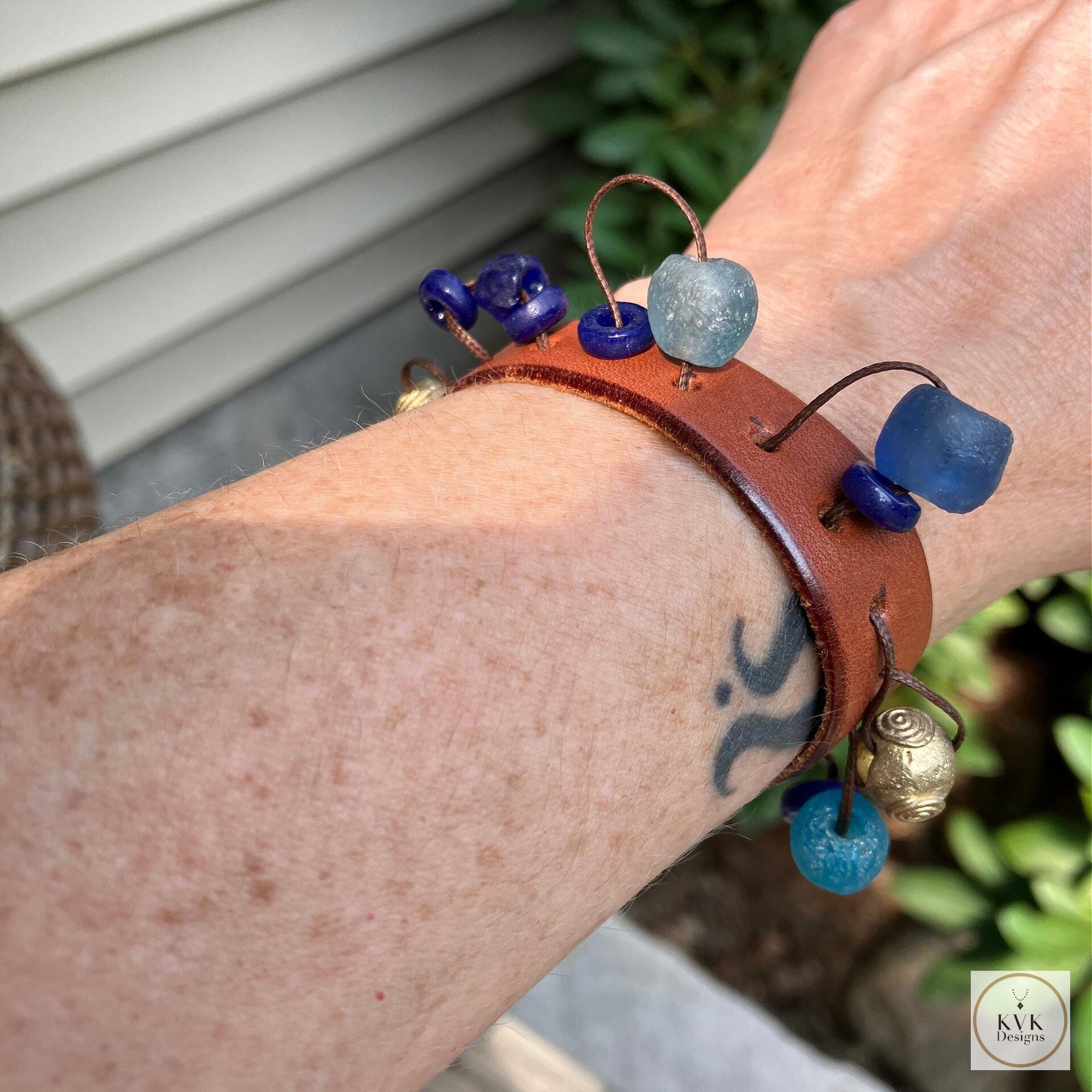 Handcrafted Boho Leather Cuff with Brass and Glass Beads - Hippie Fashion, Bohemian Jewelry