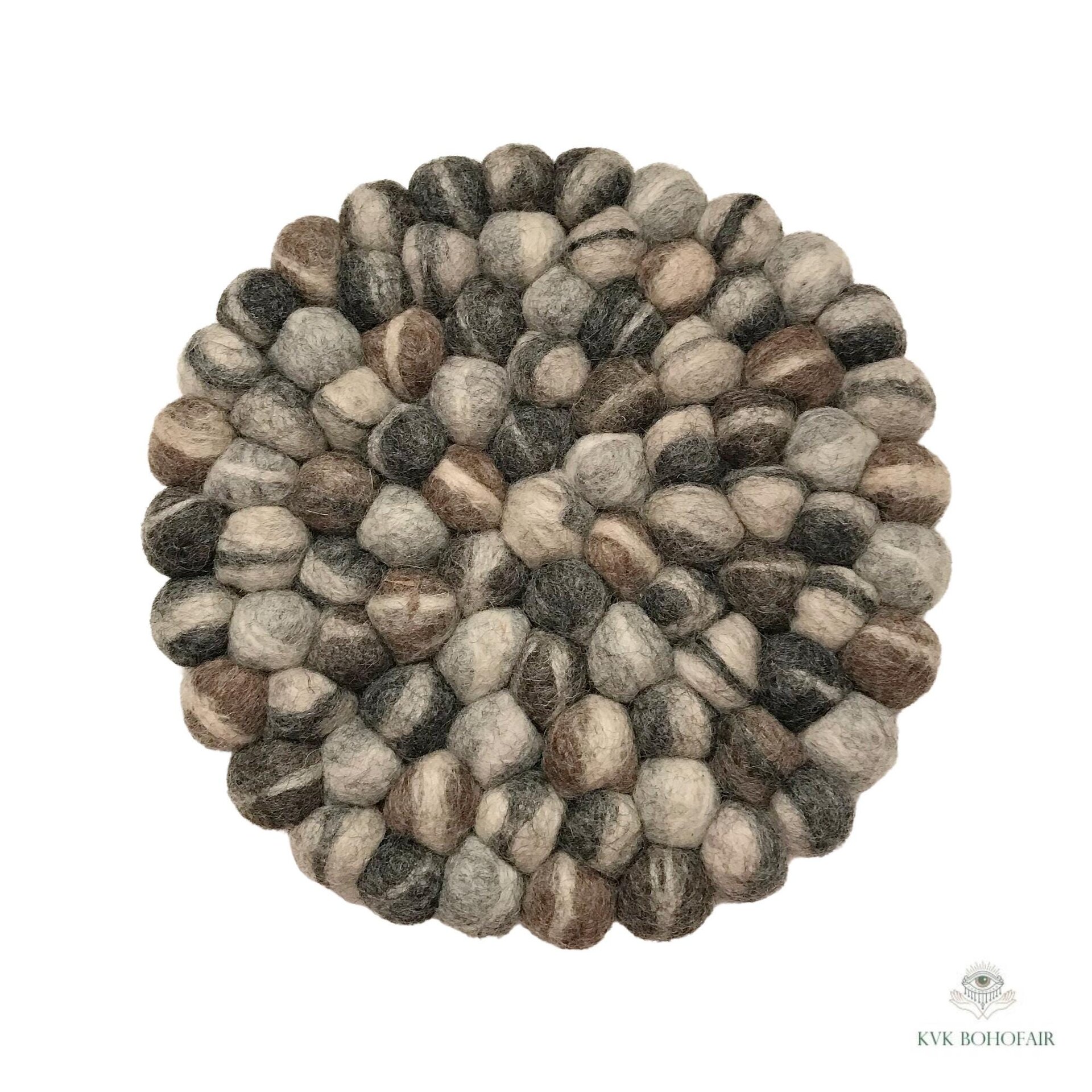 Mixed Gray Wool Felt Ball Trivet, Boho Kitchen Hot Pad, Coaster Table Pot Holder