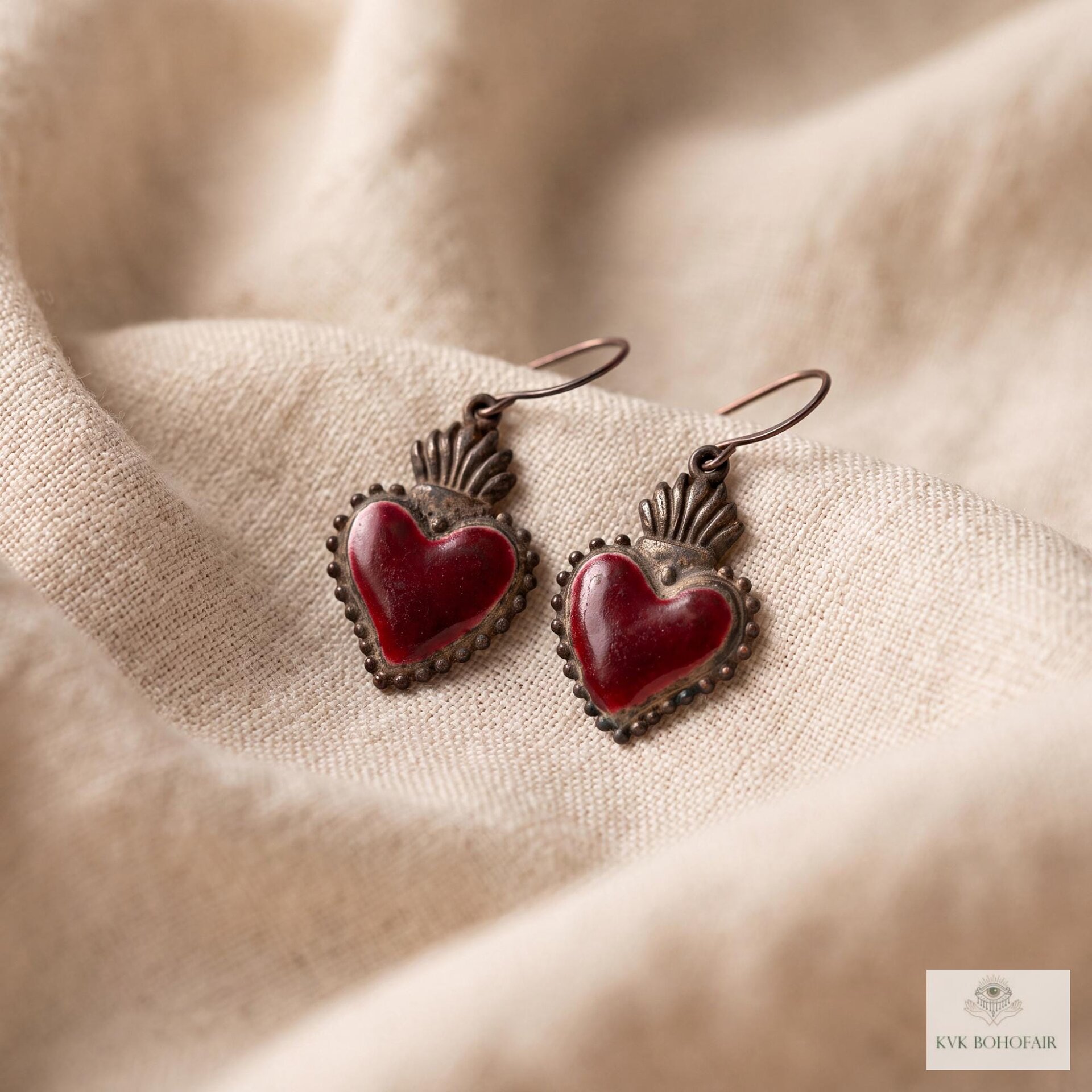 Gothic Ruby Red Sacred Heart Brass Double Sided Boho Earrings, Gift for Her