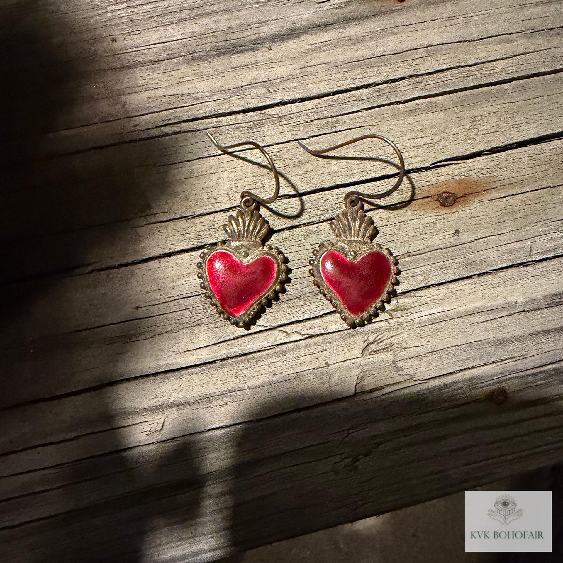 Gothic Ruby Red Sacred Heart Brass Double Sided Boho Earrings, Gift for Her