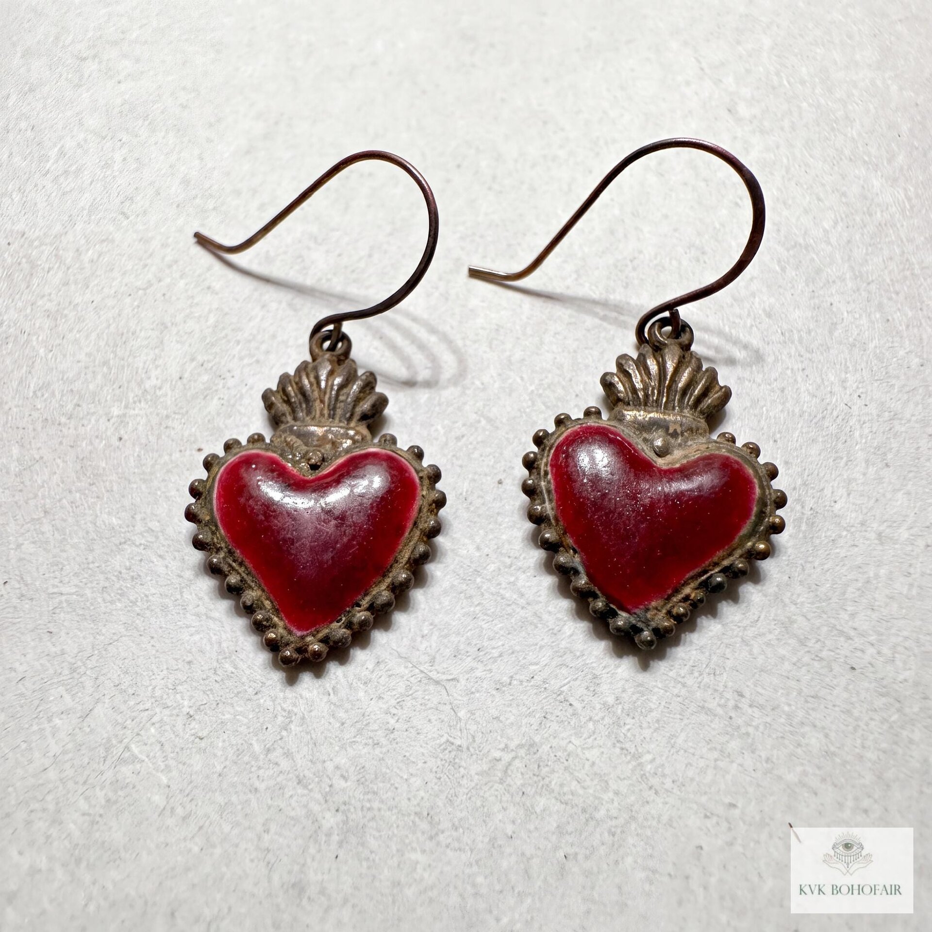 Gothic Ruby Red Sacred Heart Brass Double Sided Boho Earrings, Gift for Her