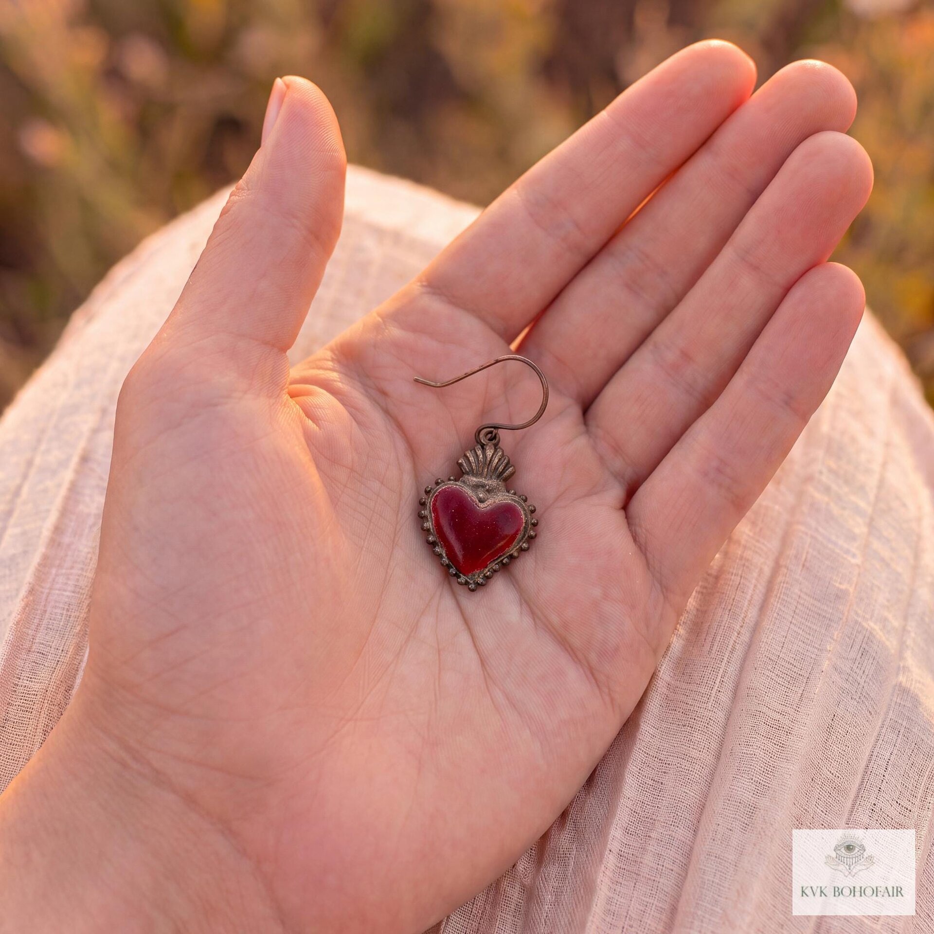 Gothic Ruby Red Sacred Heart Brass Double Sided Boho Earrings, Gift for Her