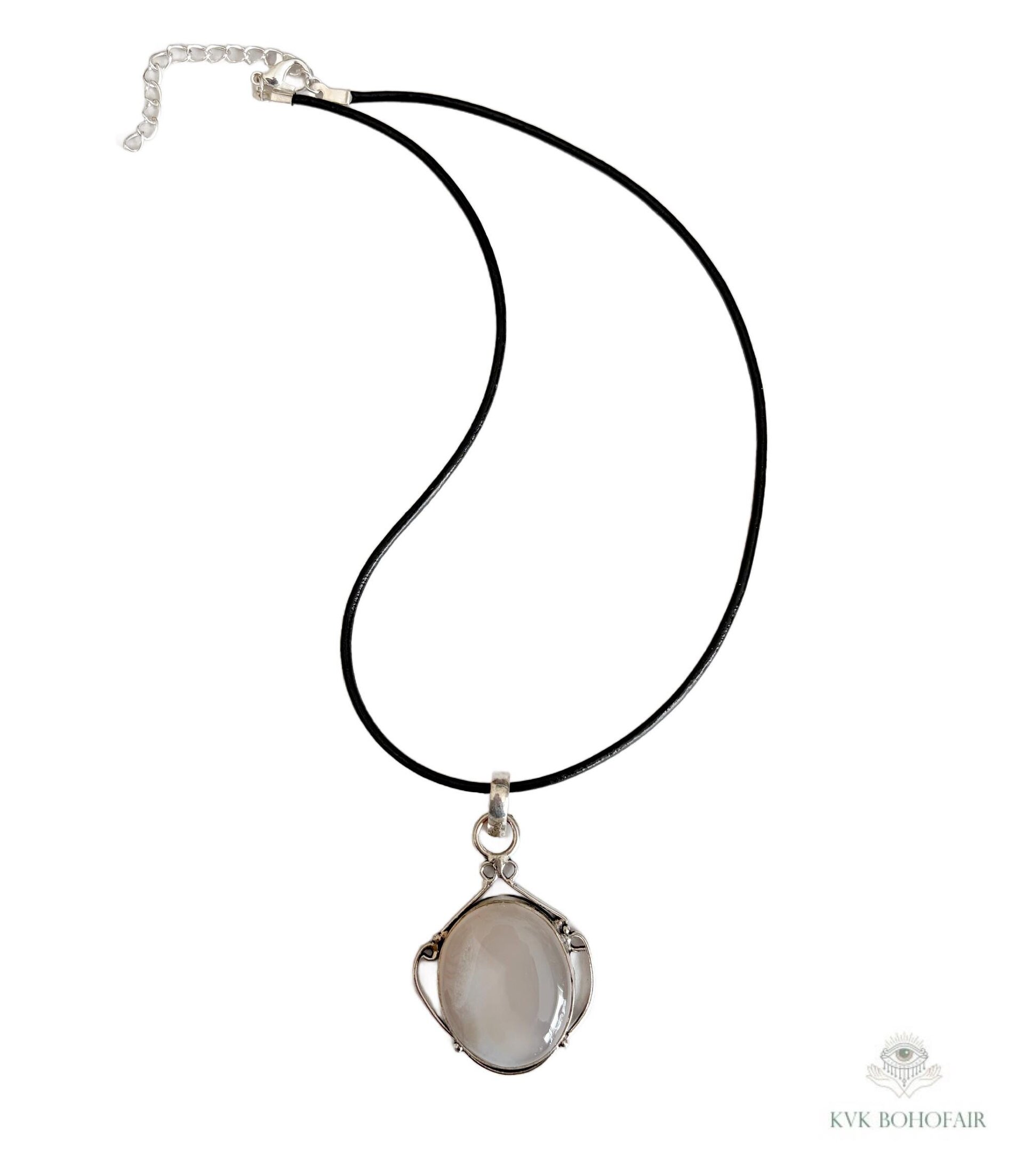 Gray Chalcedony Agate Pendant, Leather Cord Choker, Women's Gemstone Necklace