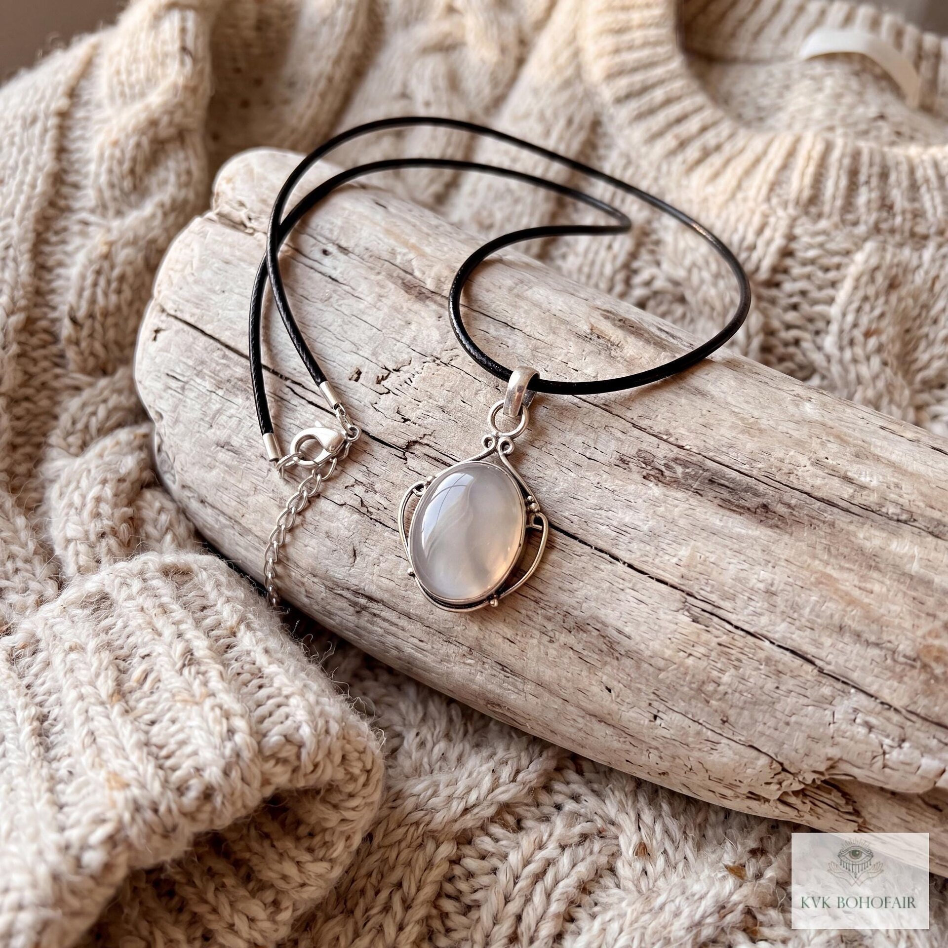 Gray Chalcedony Agate Pendant, Leather Cord Choker, Women's Gemstone Necklace