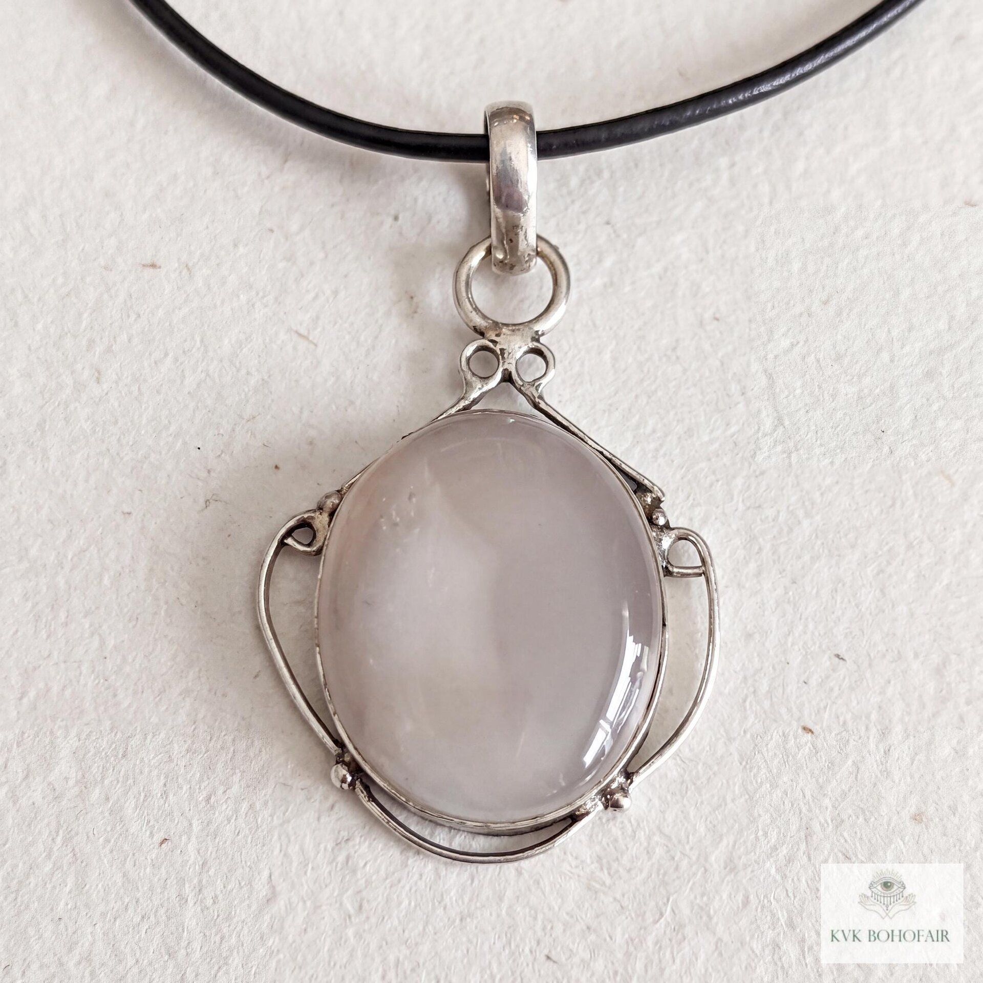 Gray Chalcedony Agate Pendant, Leather Cord Choker, Women's Gemstone Necklace