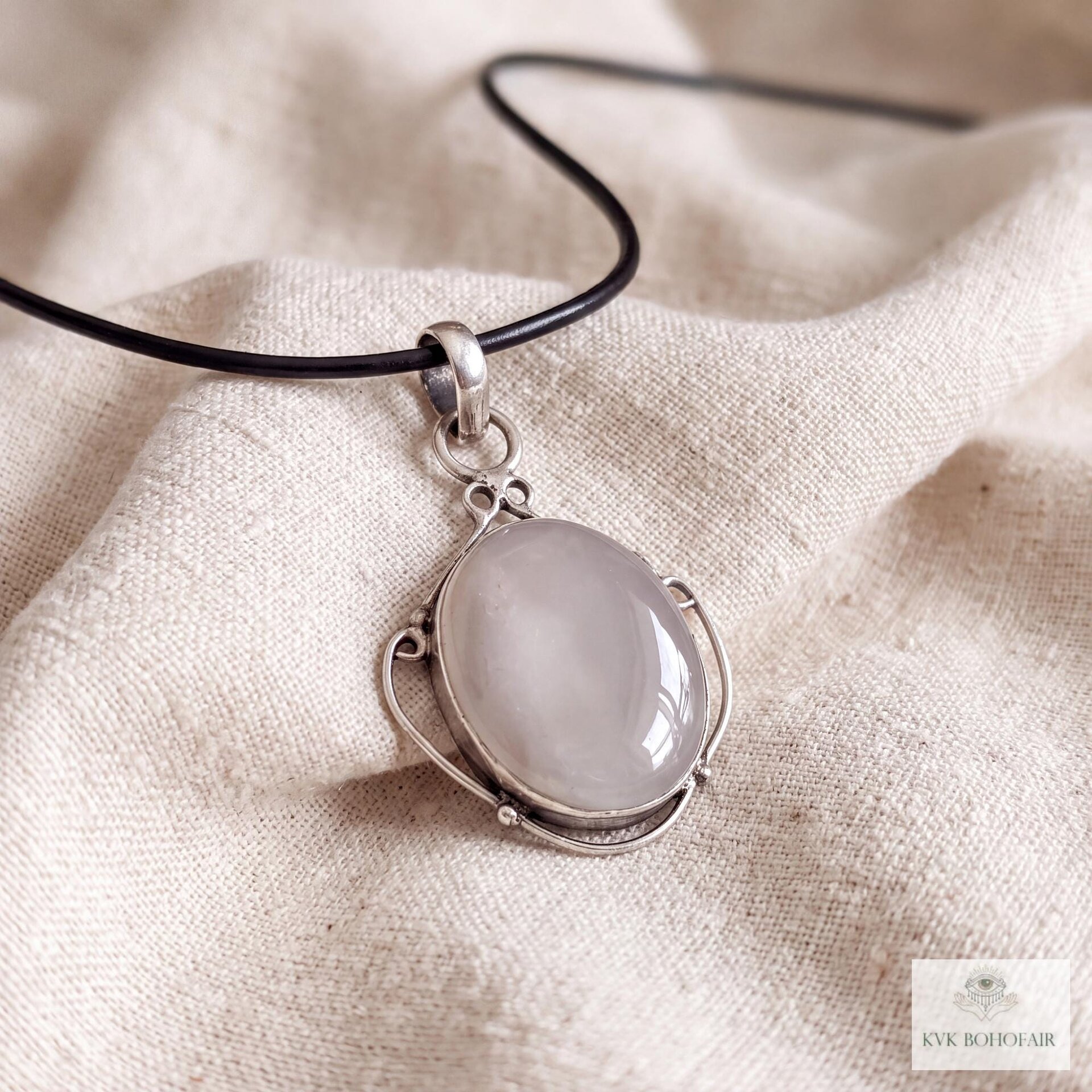 Gray Chalcedony Agate Pendant, Leather Cord Choker, Women's Gemstone Necklace