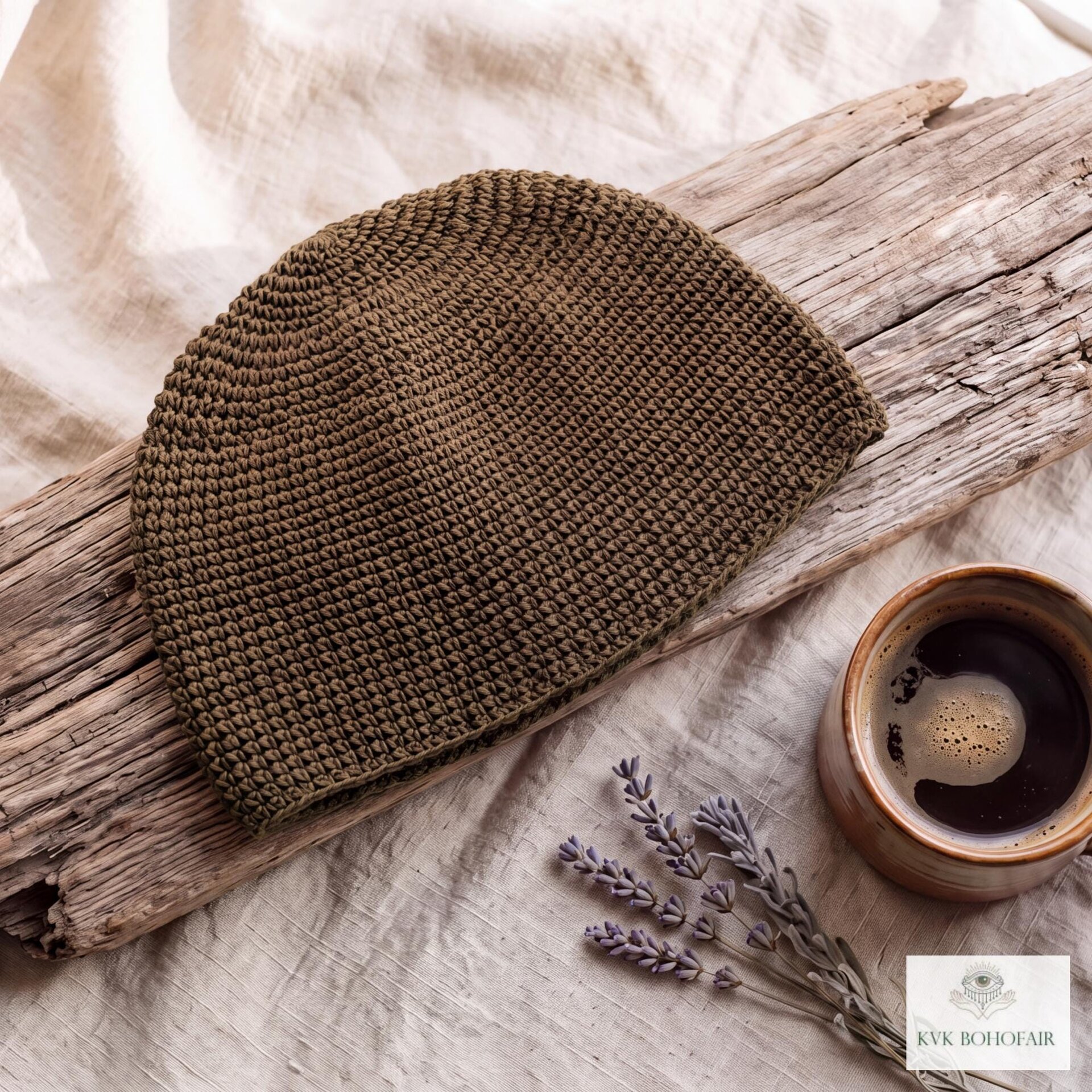 Mocha Brown Kufi Skull Cap, Crocheted Beanie Hat, Ethically sourced