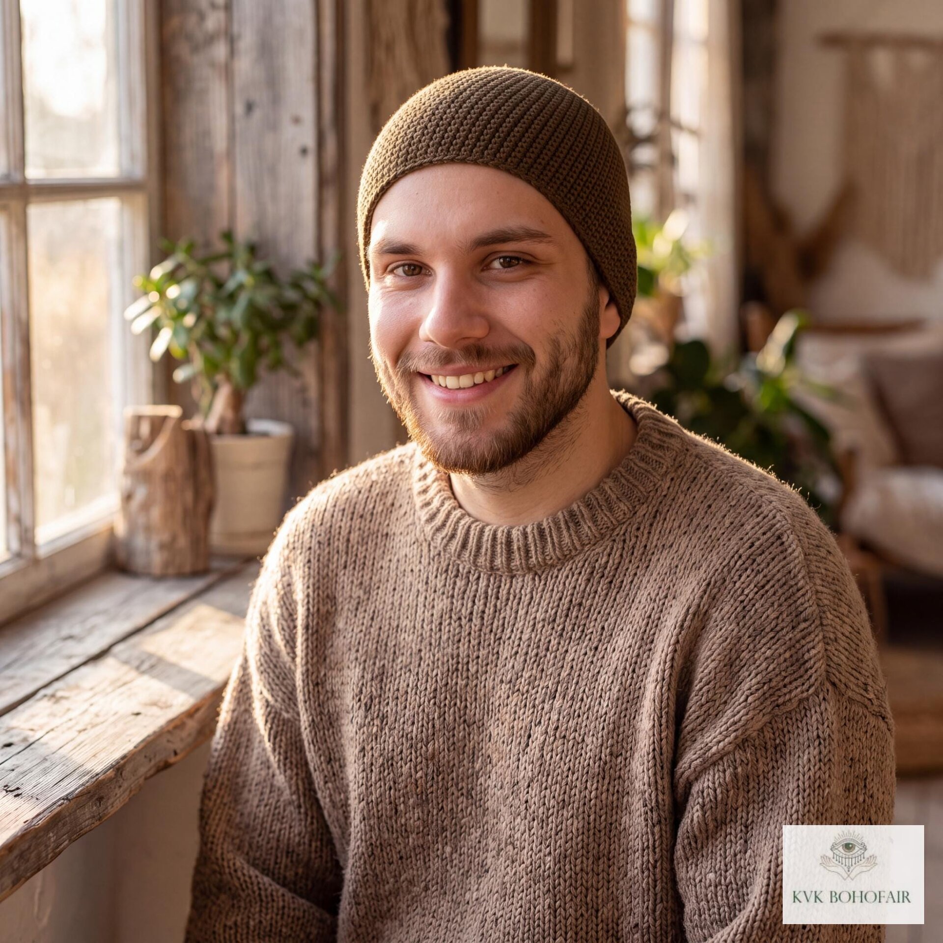 Mocha Brown Kufi Skull Cap, Crocheted Beanie Hat, Ethically sourced