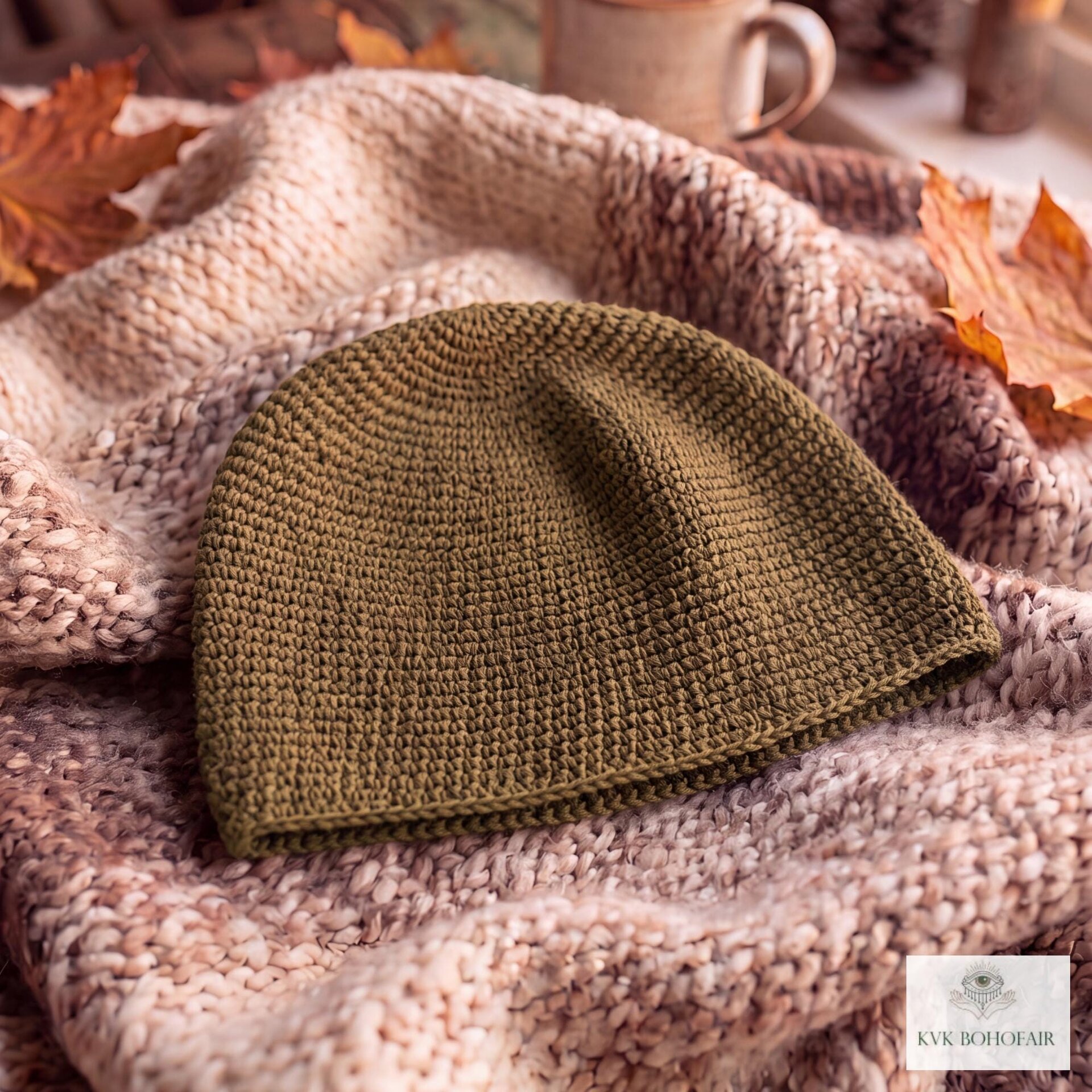 Mocha Brown Kufi Skull Cap, Crocheted Beanie Hat, Ethically sourced