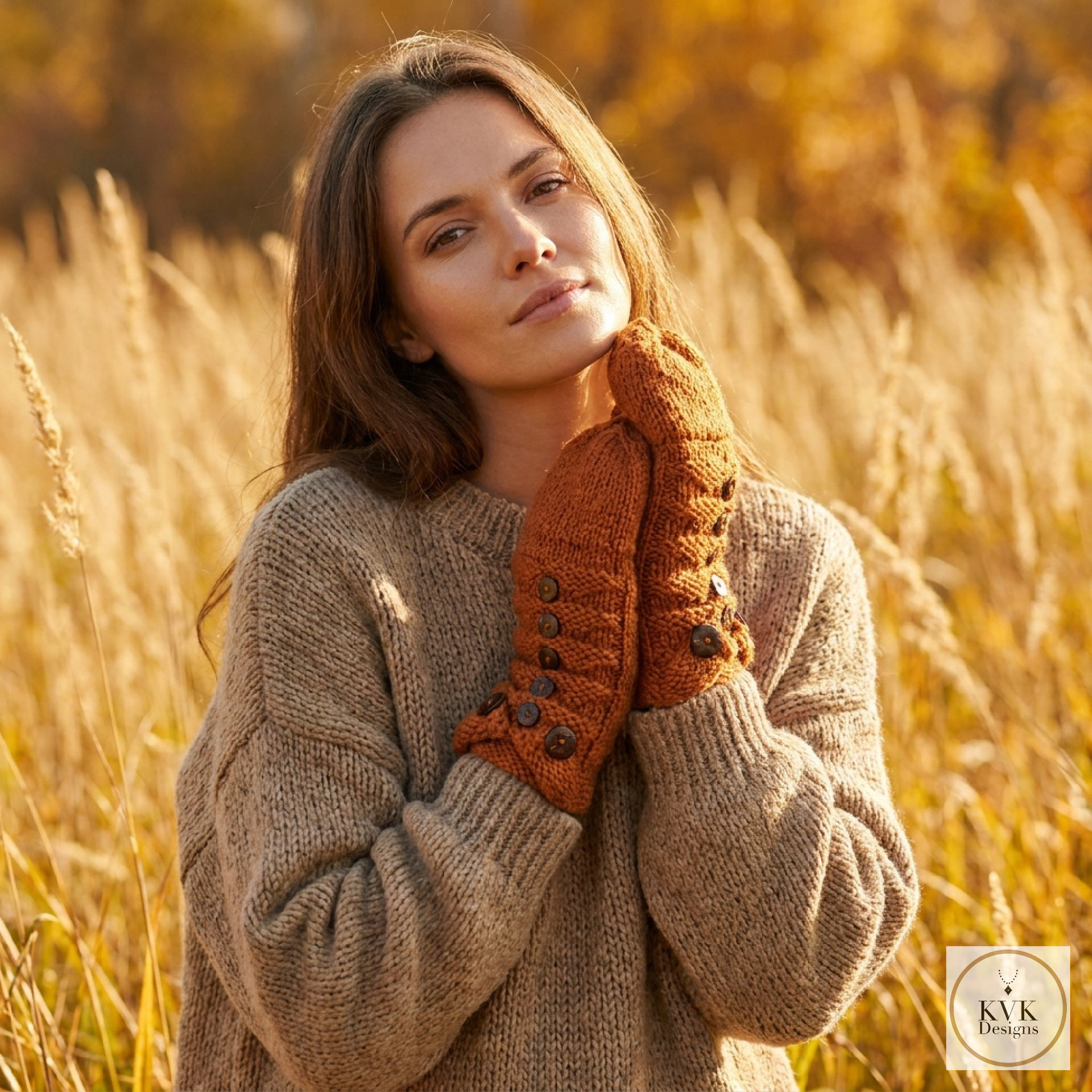 Hand-Knit Orange Wool Mittens with Wooden Buttons - Convertible Fingerless Gloves
