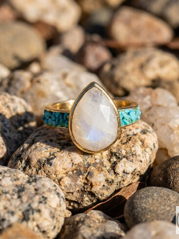 14 Karat Gold Plated Rainbow Moonstone and Crushed Turquoise Ring
