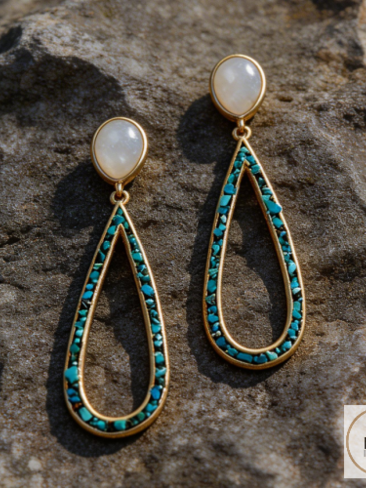 14 Karat Gold Plated Rainbow Moonstone and Turquoise Chip Post Earrings