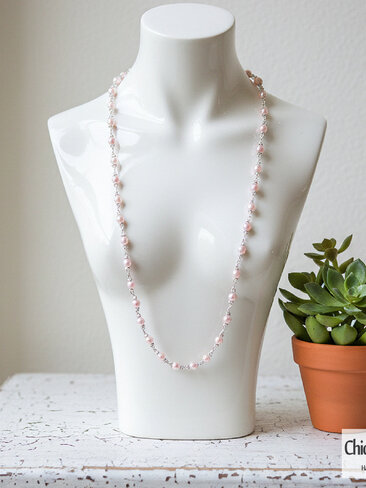 Pink Pearl and Pink Crystal Silver Link Necklace