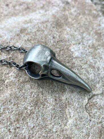Gothic Silver Crow Skull Necklace, Antique Raven Head Pendant