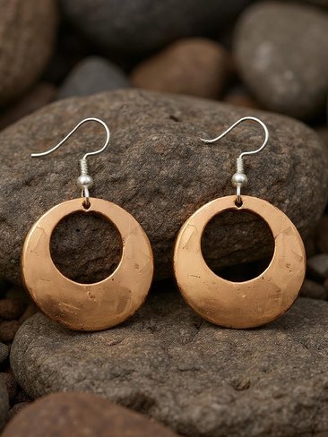 Round Copper Hoop Earrings - Boho Earrings, Handcrafted Hammered Dangles