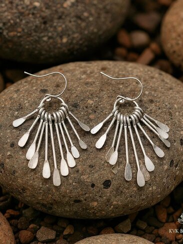 Boho Silver Plated Fringe Paddle Earrings, Sterling Silver Wires, Artisan Chandelier Dangles