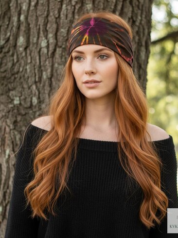 Brown Tie Dye Cotton Headband, Wide Boho Yoga Headwrap for Women, Bohemian Workout Hairband