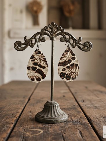 Brown Floral Leather Teardrop Earrings - Hand Tooled Cream Leaf Dangles