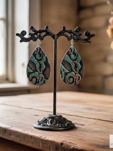 Boho Leather Teardrop Earrings - Handcrafted Turquoise Colored Dangles
