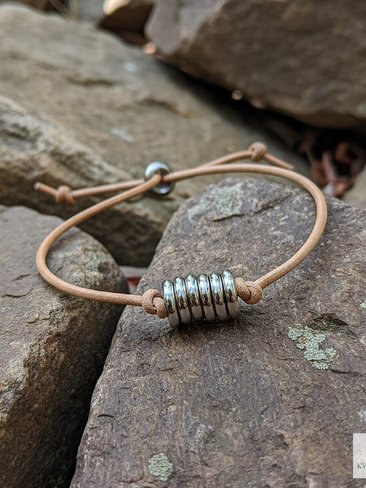 Boho Leather & Silver Bead Bracelet - Adjustable Minimalist Style