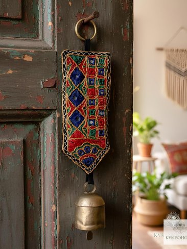 Boho Shisha Mirror Embroidery Fabric Banner Chime - Recycled Indian Wall Bell