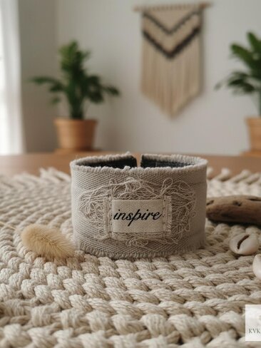 Inspire Boho Cuff Bracelet – Sandstone Cotton Fabric, Vintage Button Closure