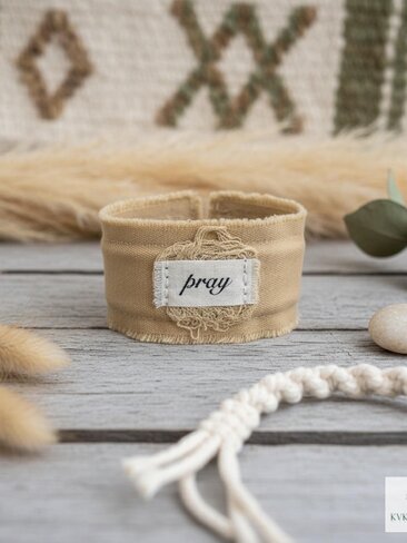 PRAY Boho Cuff Bracelet – Cotton Fabric, Vintage Crochet, Button Closure