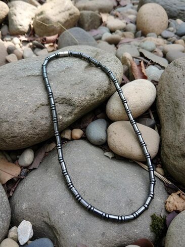Men's Magnetic Hematite Cylinder Bead Necklace