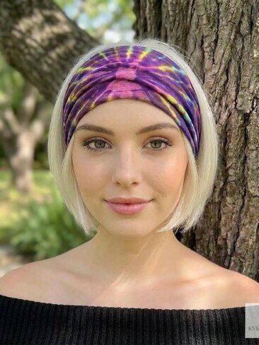 Purple Tie Dye Cotton Headband, Wide Boho Yoga Headwrap for Women, Bohemian Workout Hairband