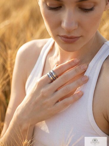 Sterling Silver Wide Band Ring, Boho Dot Detail, Handmade